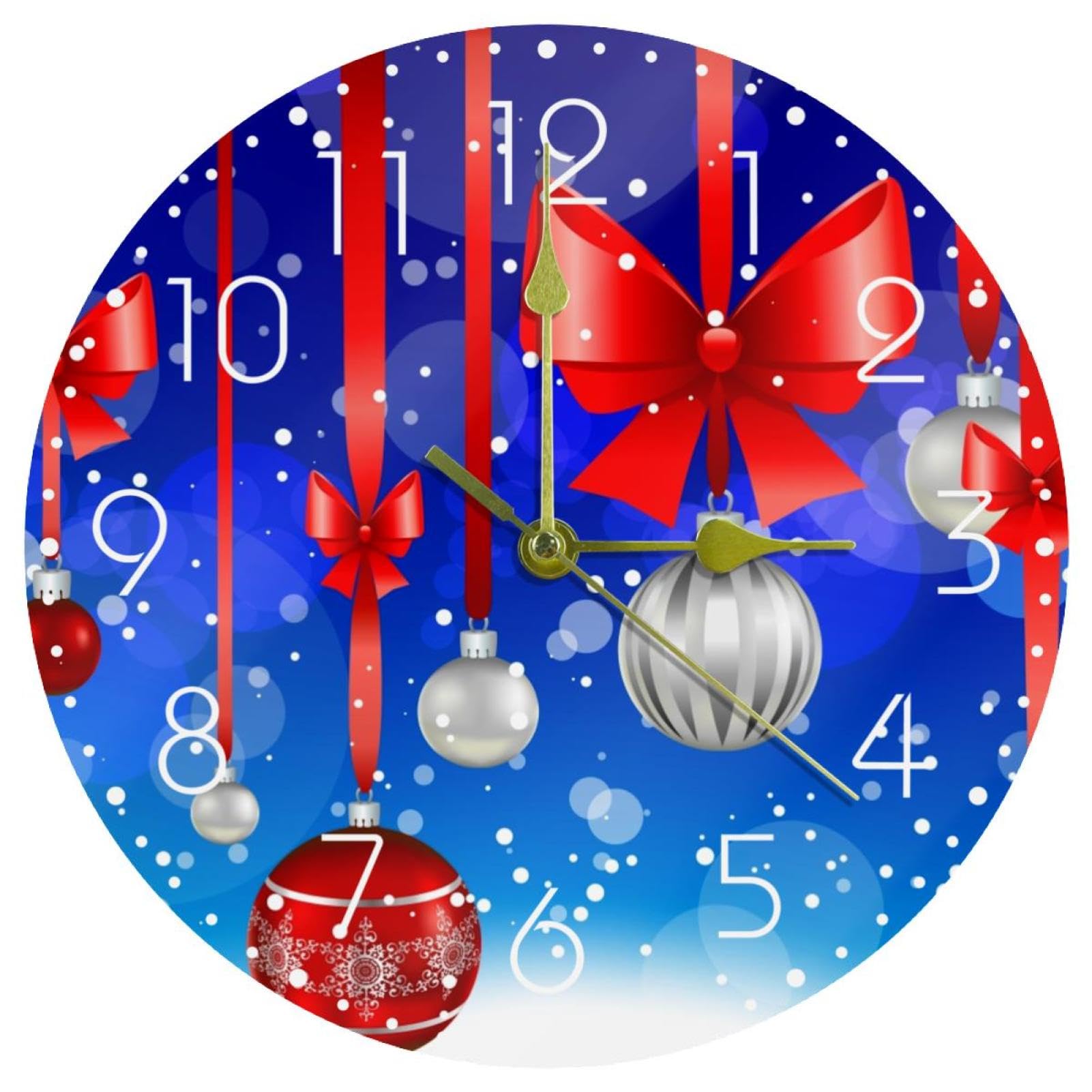 Horloge murale silencieuse en acrylique avec motif de boule de Noël et nœud rouge pour salon