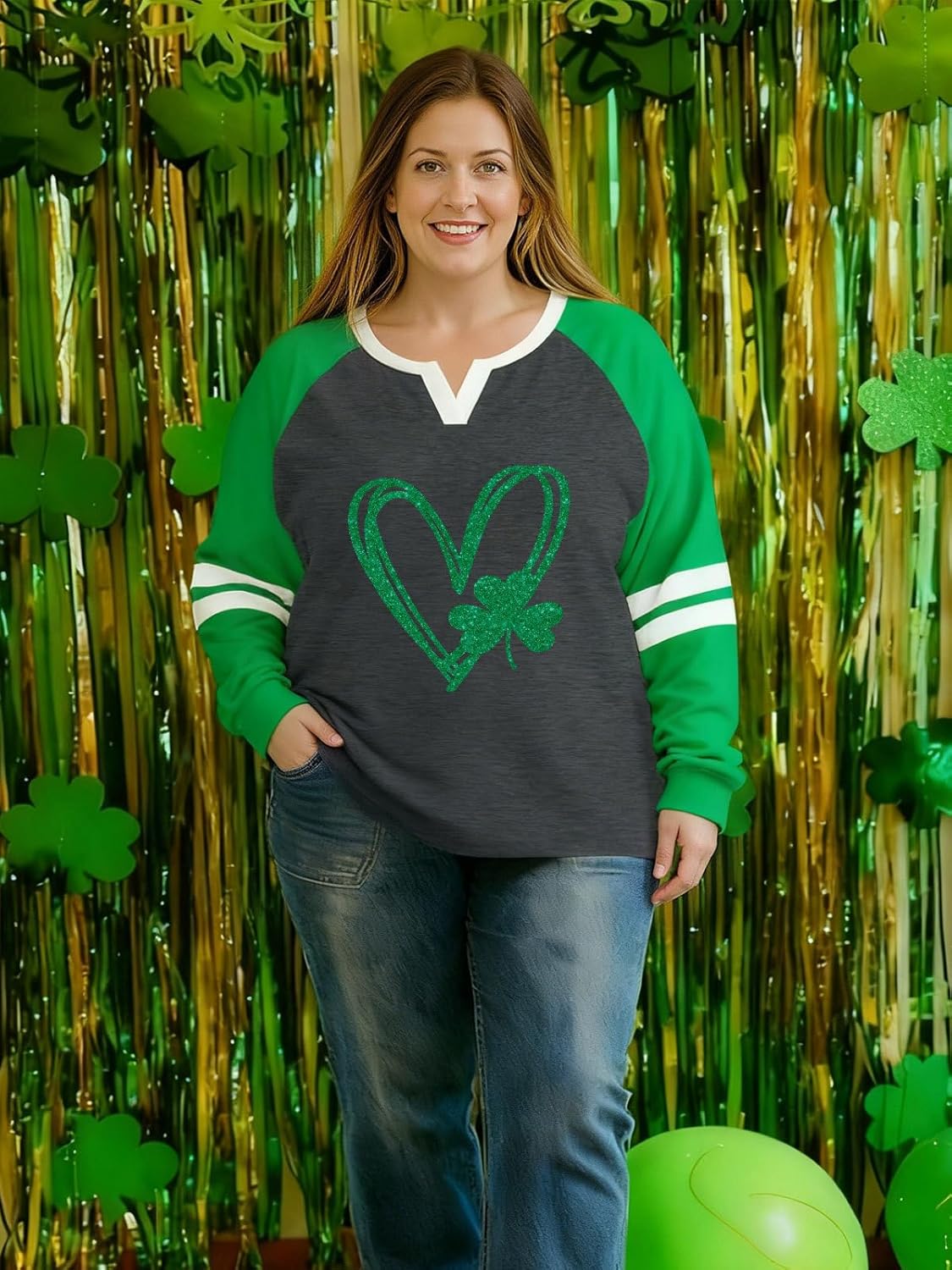 Plus Size St Patricks Day Shirt Women Long Sleeve Irish Shamrock Shirts St Pattys Day V Neck Raglan Tops 2XL-5XL - Image 6