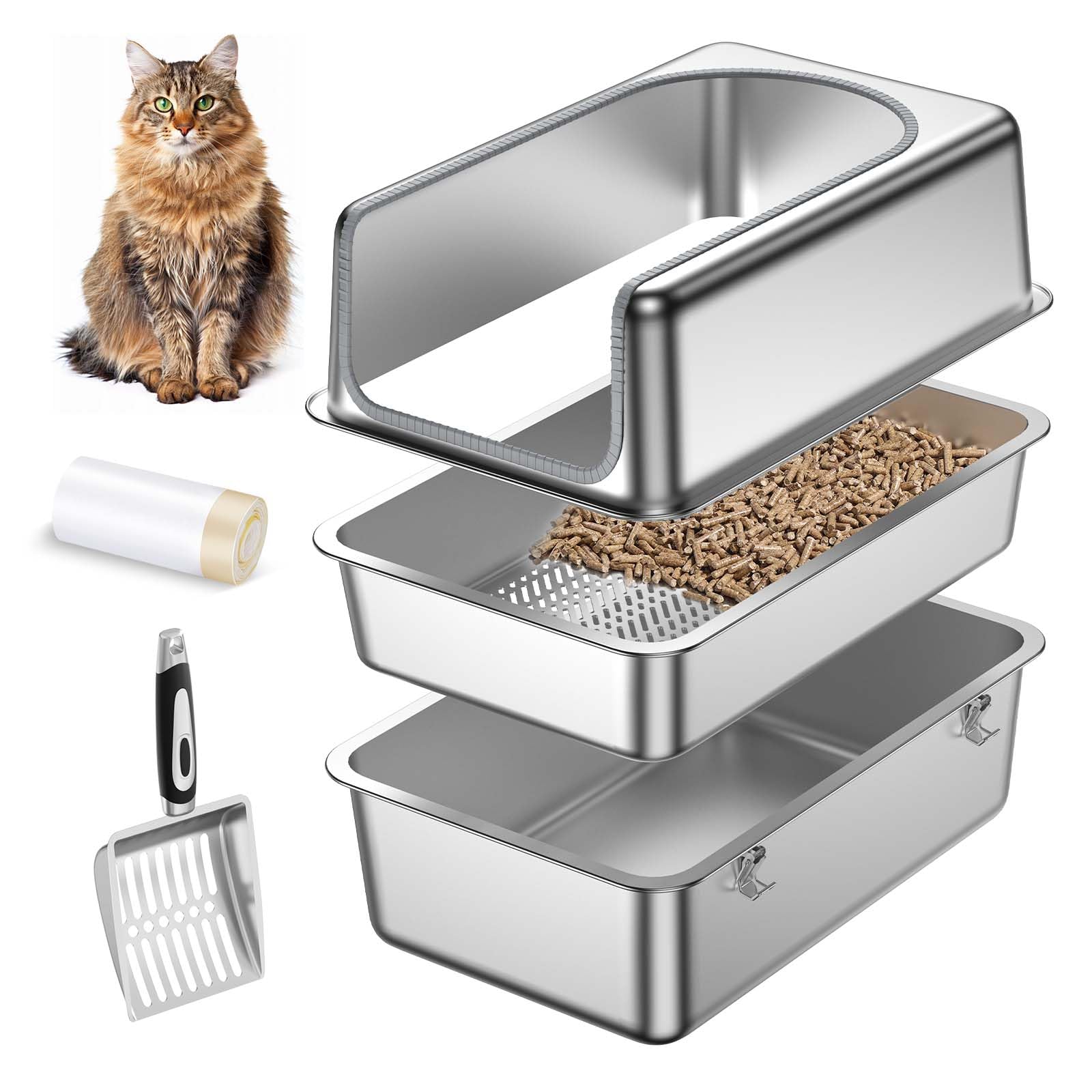 XL Stainless Steel Sifting Litter Box for Pine Pellets,Sifting Cat Litter Box with Lid,High Sides Metal Sifter Litter Pan System for Big Cats,Odor Control,Easy to Clean