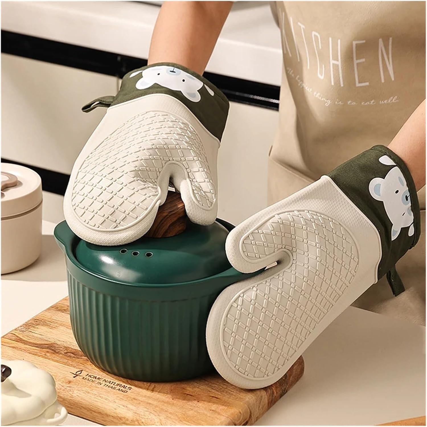 2Pcs Cute Printed Oven Silicone Gloves Anti-Scald Microwave Gloves Heat Resistant Kitchen Baking Pans Baking Tools(2Pcs Grey 2)