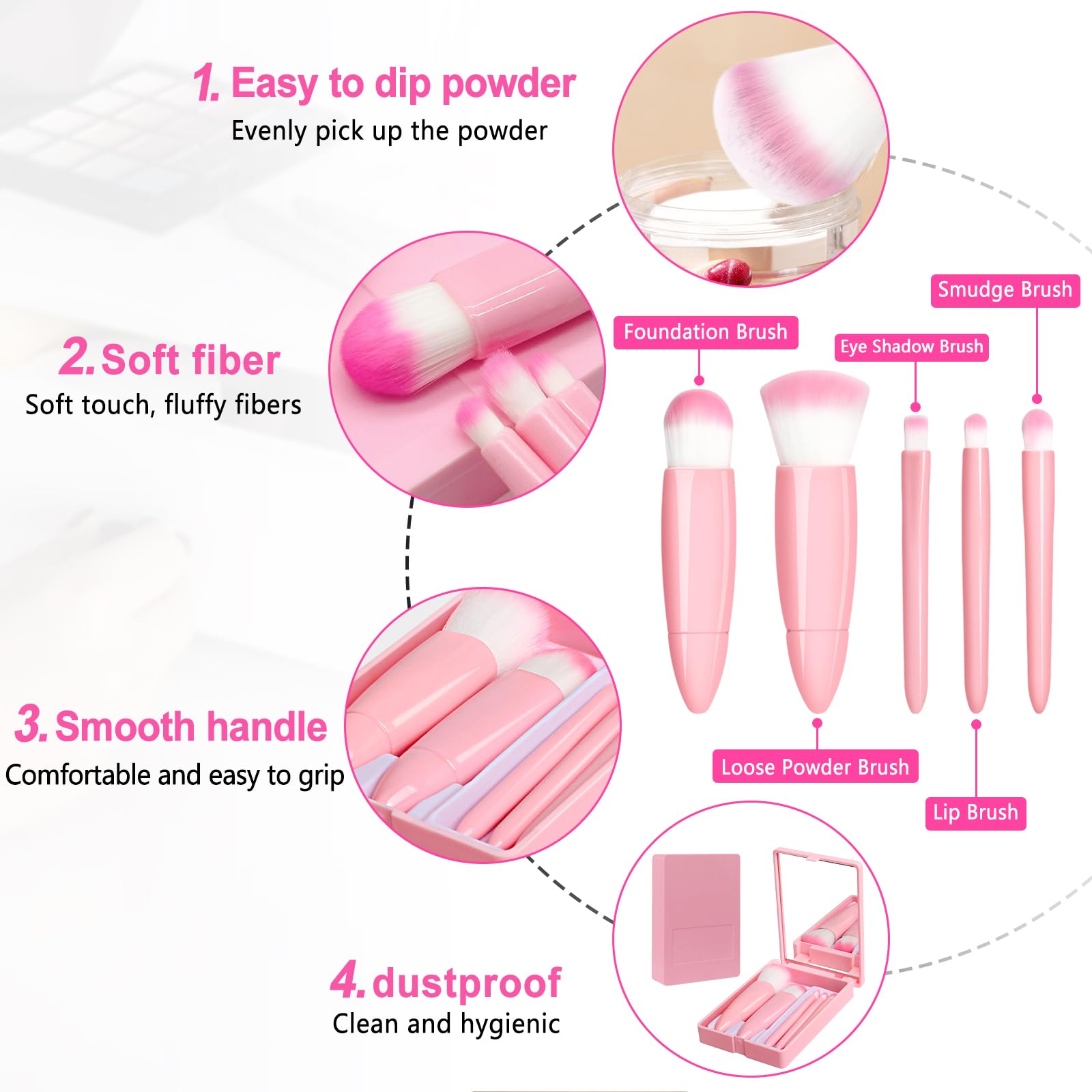 Travel Makeup Brush Set, Portable 5 PCS Mini Makeup Brushes with Mirror, Easy-taken Makeup Tool Set for Eyeshadow Contour - Image 3
