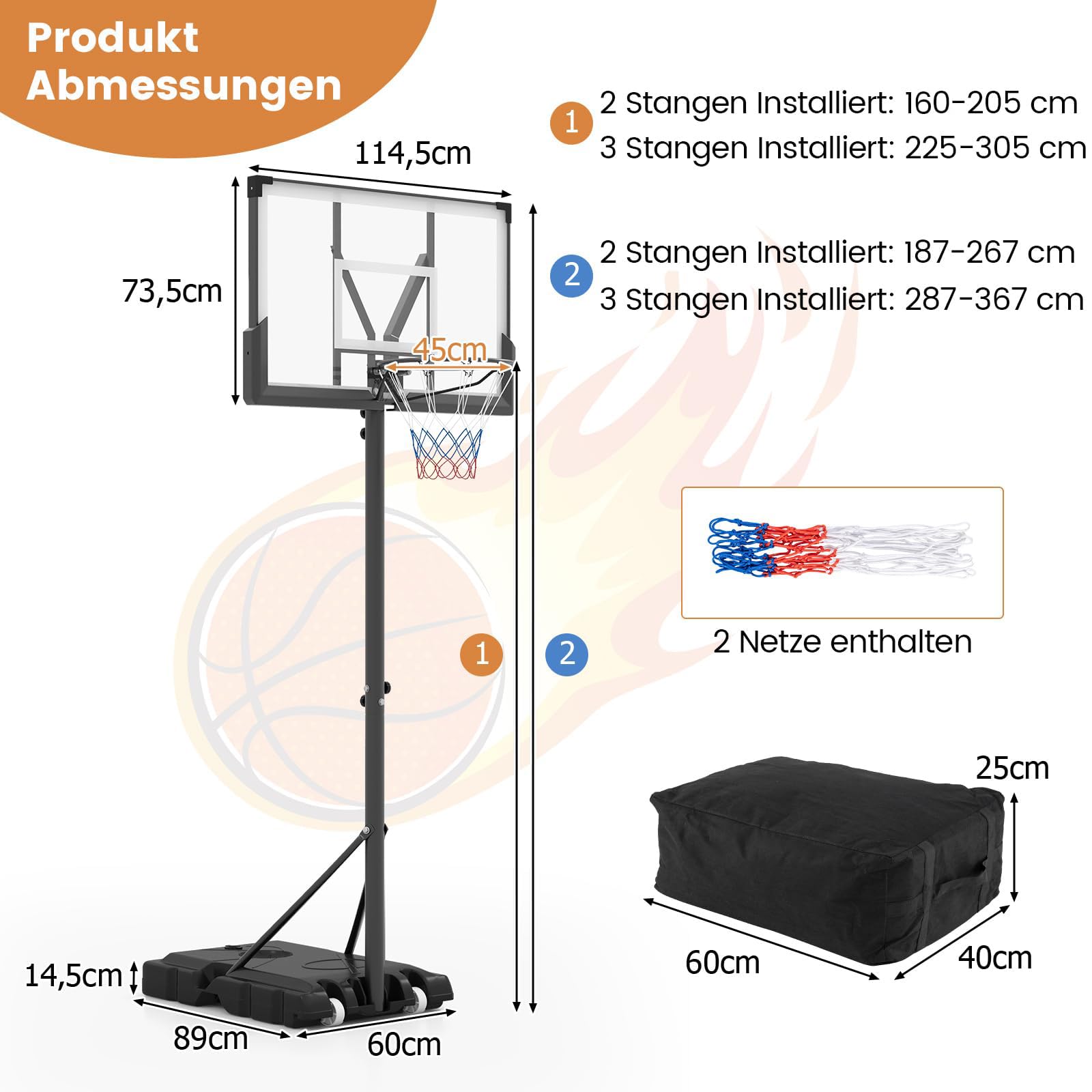 GOPLUS Basketballkorb outdoor, Korbhöhe 160-305cm verstellbar, Basketball Korb mit PC-Rückwand & Gewichtsbeutel, Basketballständer tragbar mit Rollen, Basketball hoop für Kinder Jugendliche Erwachsene