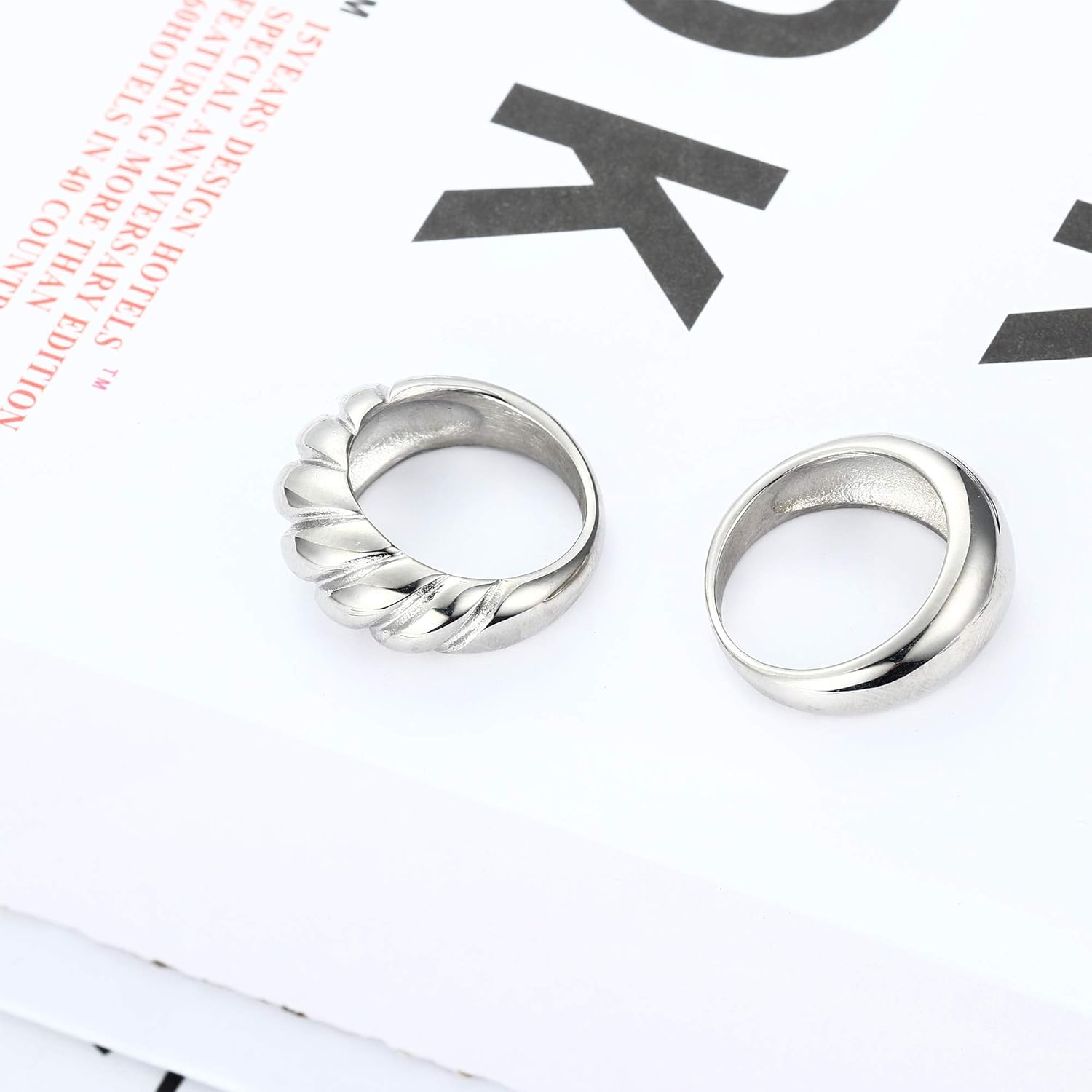 THUNARAZ 2Pcs 14K Gold Rings Chunky Rings for Women Thick Dome Ring Set Couple Croissant Stainless Steel Ring Minimalist Twisted Statement Jewelry Silver/Gold Size 5-10 - Image 5