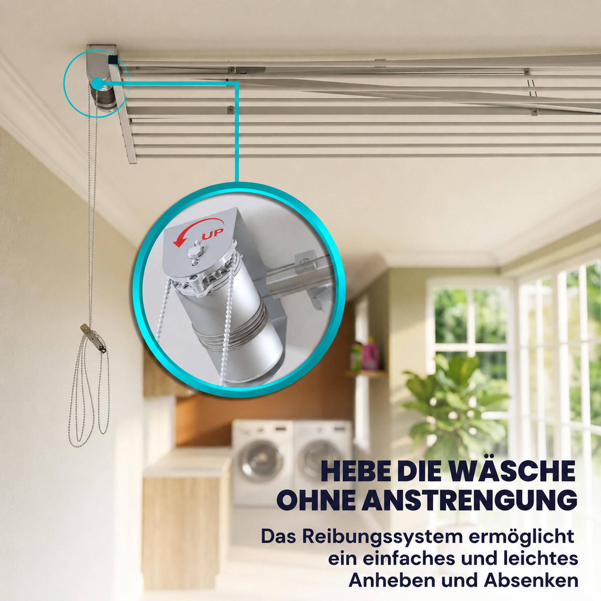 Foxydry Mini, klappbarer wäscheständer, deckenmontage, 128 cm | aus aluminium und edelstahl, platzsparend, für innen- und außenbereich, rostfrei, vertikales liftsystem, trägt 10 kg, grau