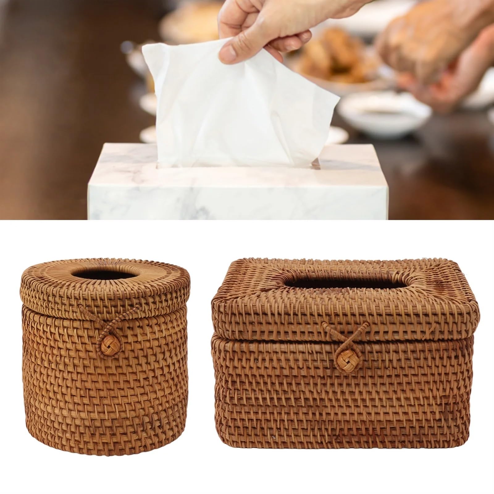 Kosmetiktücherbox aus Rattan Rattan gewebte Taschentuchbox-Abdeckung Rattan Taschentuchbox-Abdeckung natürlich schön for Wohnzimmer(Square)