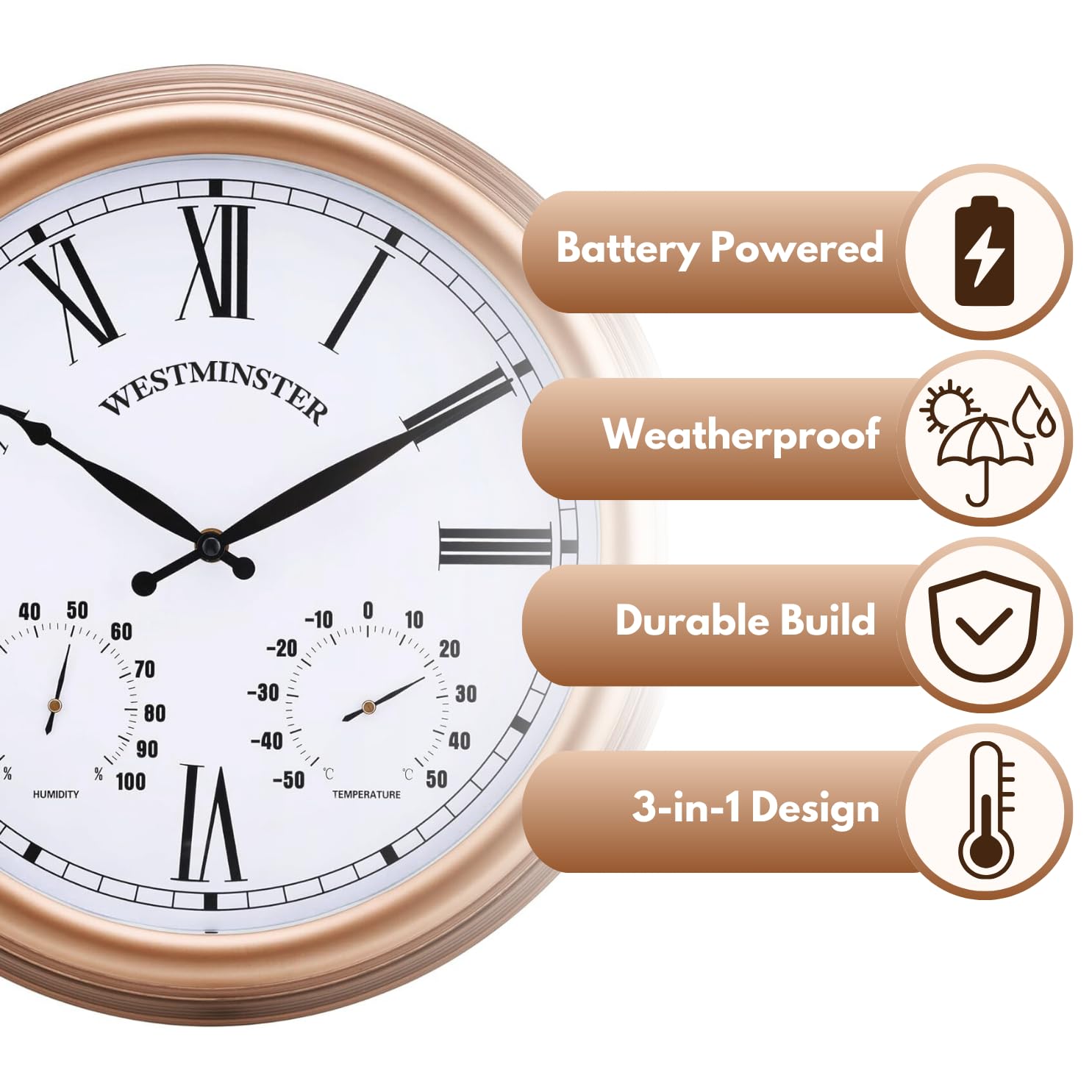 Homezone Grande Orologio da Parete in Rame 38,1 cm con Termometro Barometro Stazione Meteo Resistente alle Intemperie
