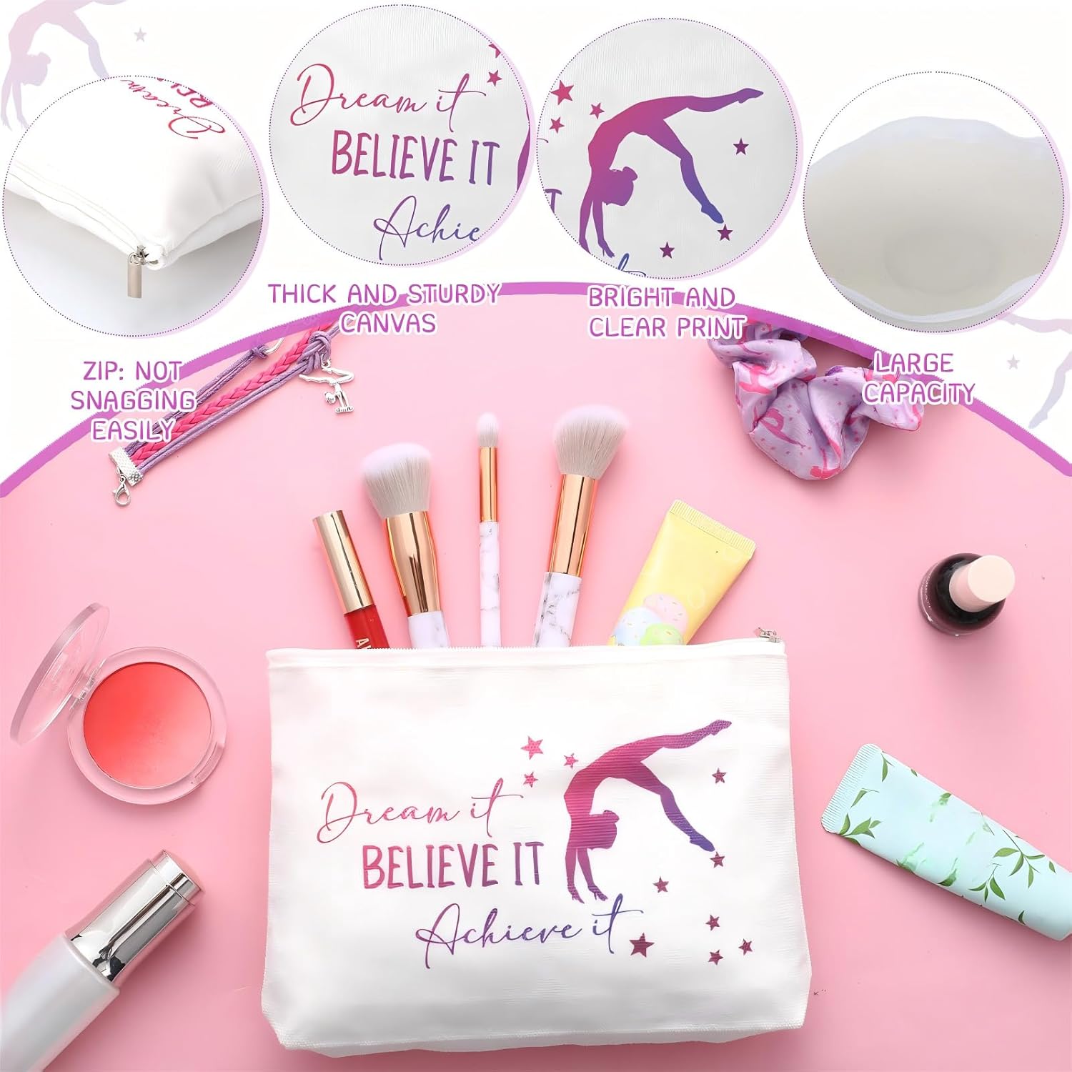 Sieral 4 Pieces Gymnastics Gifts for Girls 14oz Water Bottle Hair Scrunchies Bracelet Pouch Sports Accessories Girl Gymnastics Gifts for Birthday Team Sports Lover Gymnast Party Favors (Light Purple) - Image 4