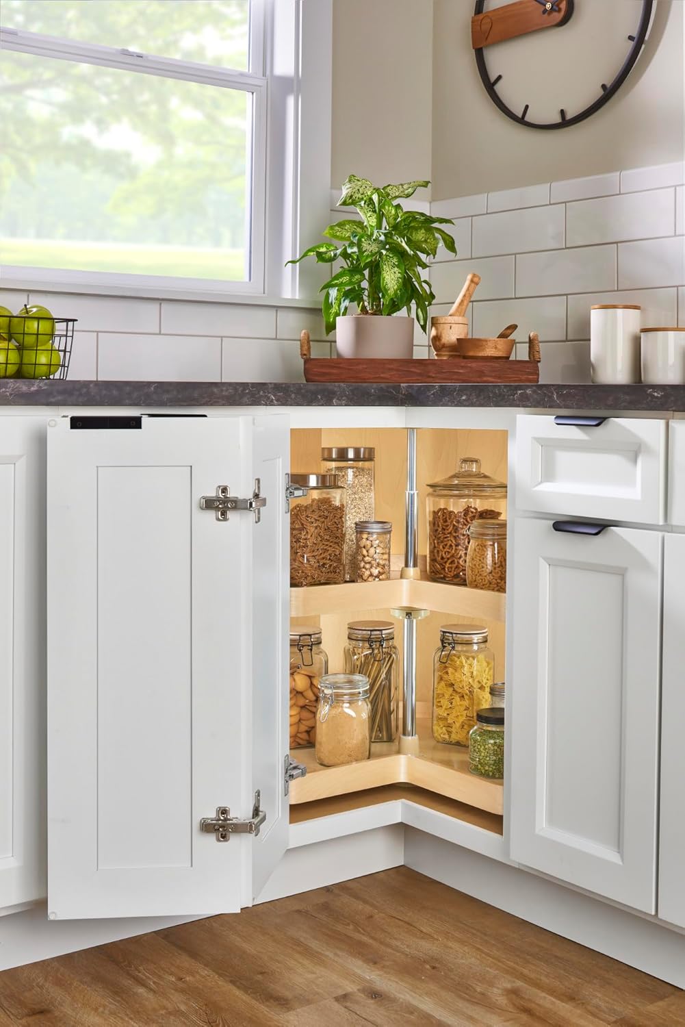 Lazy Daisy Banded Wood Kidney-Shaped 2-Shelf Lazy Susan Shelf for Corner Base Cabinets