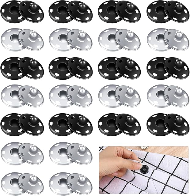 PROUSKY 24 Sets Sew-on Snap Press Buttons, 18mm Black White Press Studs, Metal Snap Fasteners, Press Studs Snap Fasteners No Sewing