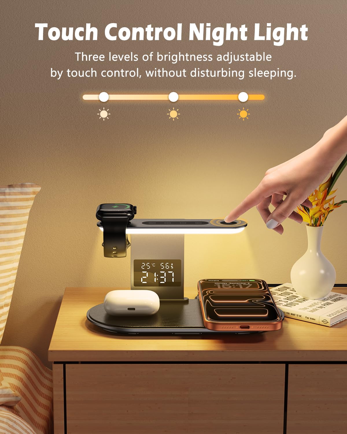 Stazione di ricarica wireless 3 in 1, supporto per caricabatterie rapido con adattatore QC 3.0, luce notturna a 3 livelli per smartphone, auricolari, smartwatch