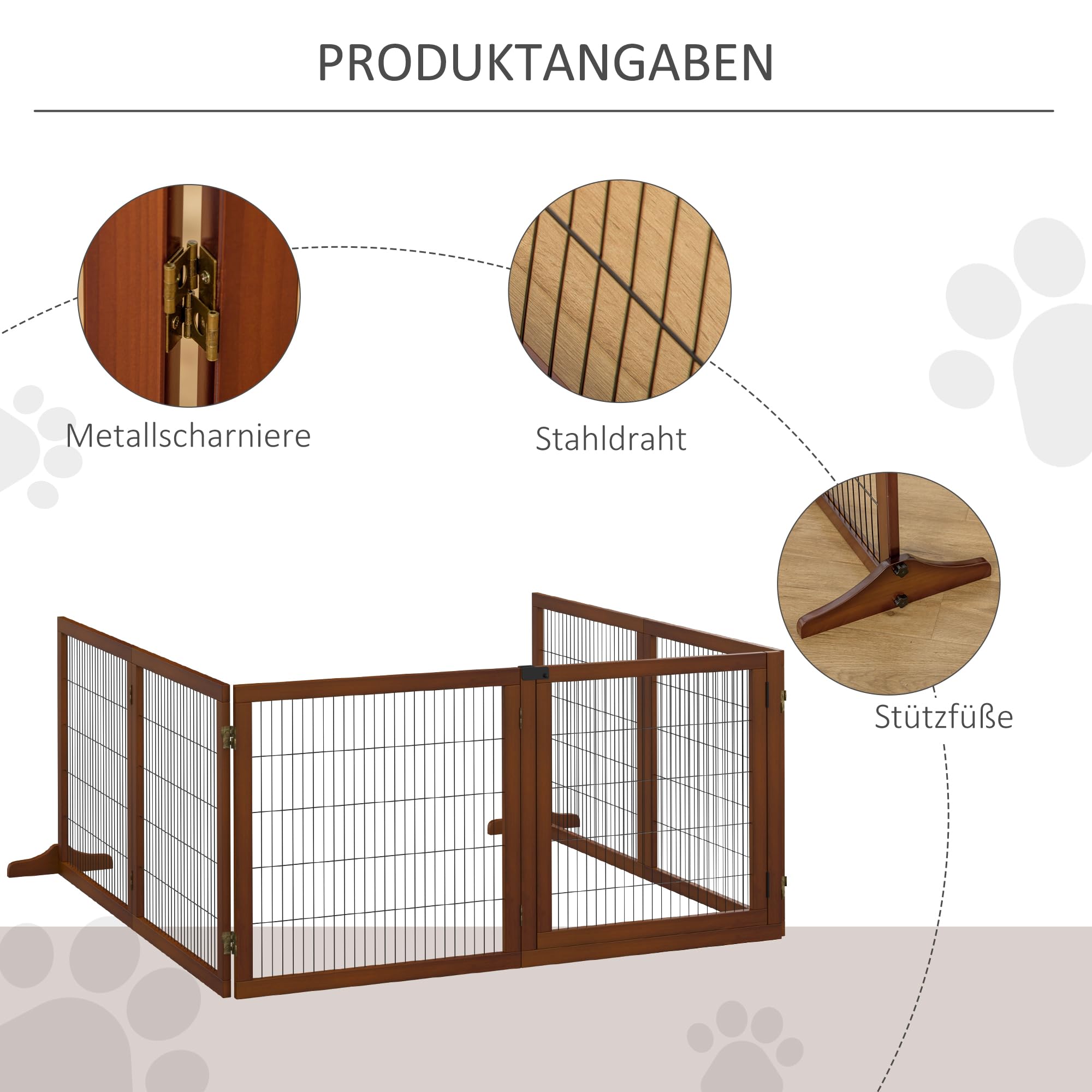 PawHut Barrera para Perros de 6 Piezas, 432 x 70 cm, Puerta de Seguridad Plegable con 2 Patas de Apoyo y Puerta Independiente para Pasillos y Escaleras