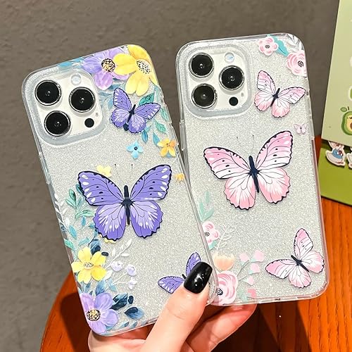 Miniatura 3 de BANAILOA Funda compatible con iPhone 14 Pro Max con diseño de mariposas para mujer, diseño de flores con purpurina de lujo, funda protectora delgada