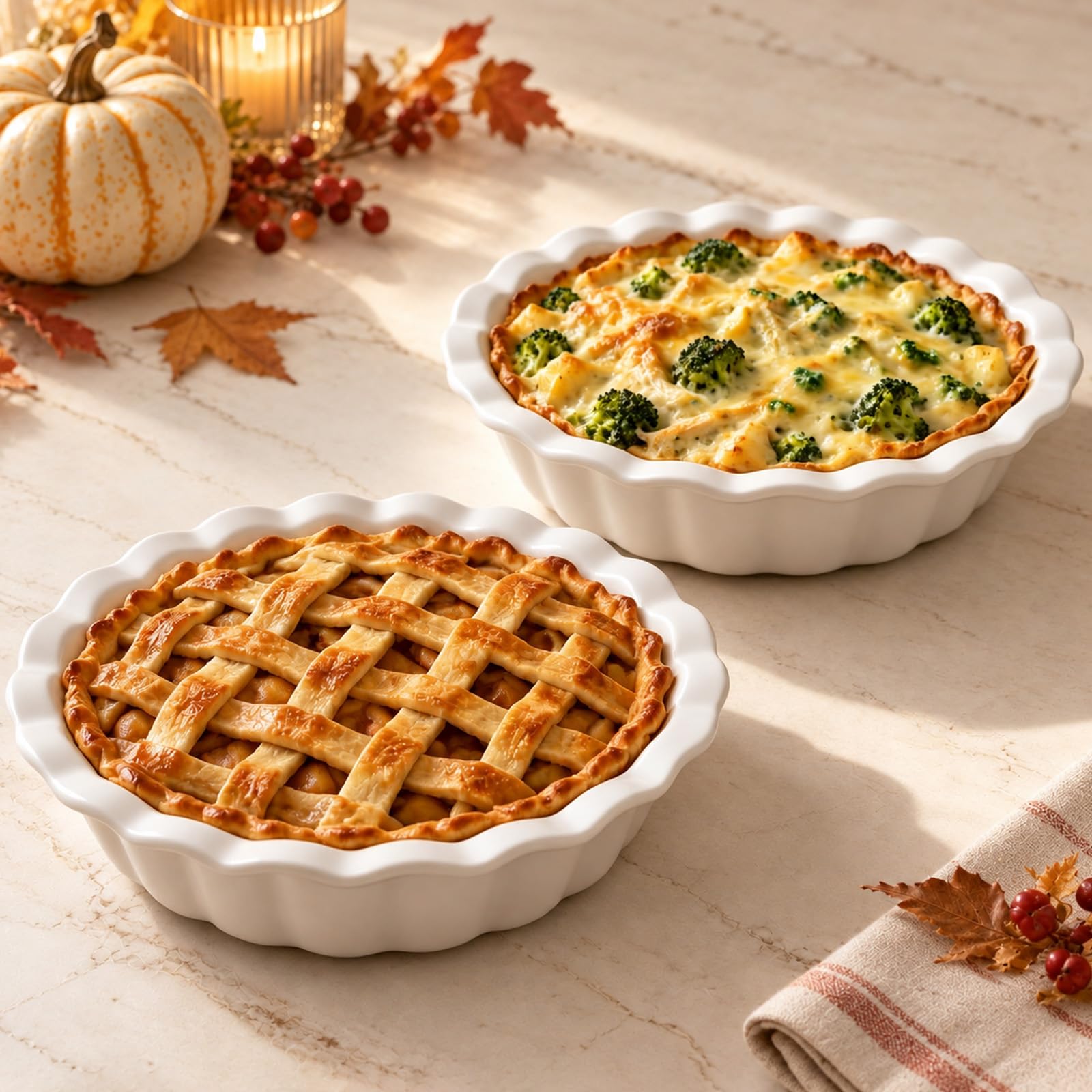 9×2.5in 58oz Deep Fluted Ceramic Pie Pan for Pie Quiche Tart Baking 2 Pcs. Modern Style, Lead-Free. Casserole Lasagna Dish for Thanksgiving Christmas Gift. Microwave Dishwasher Oven Safe