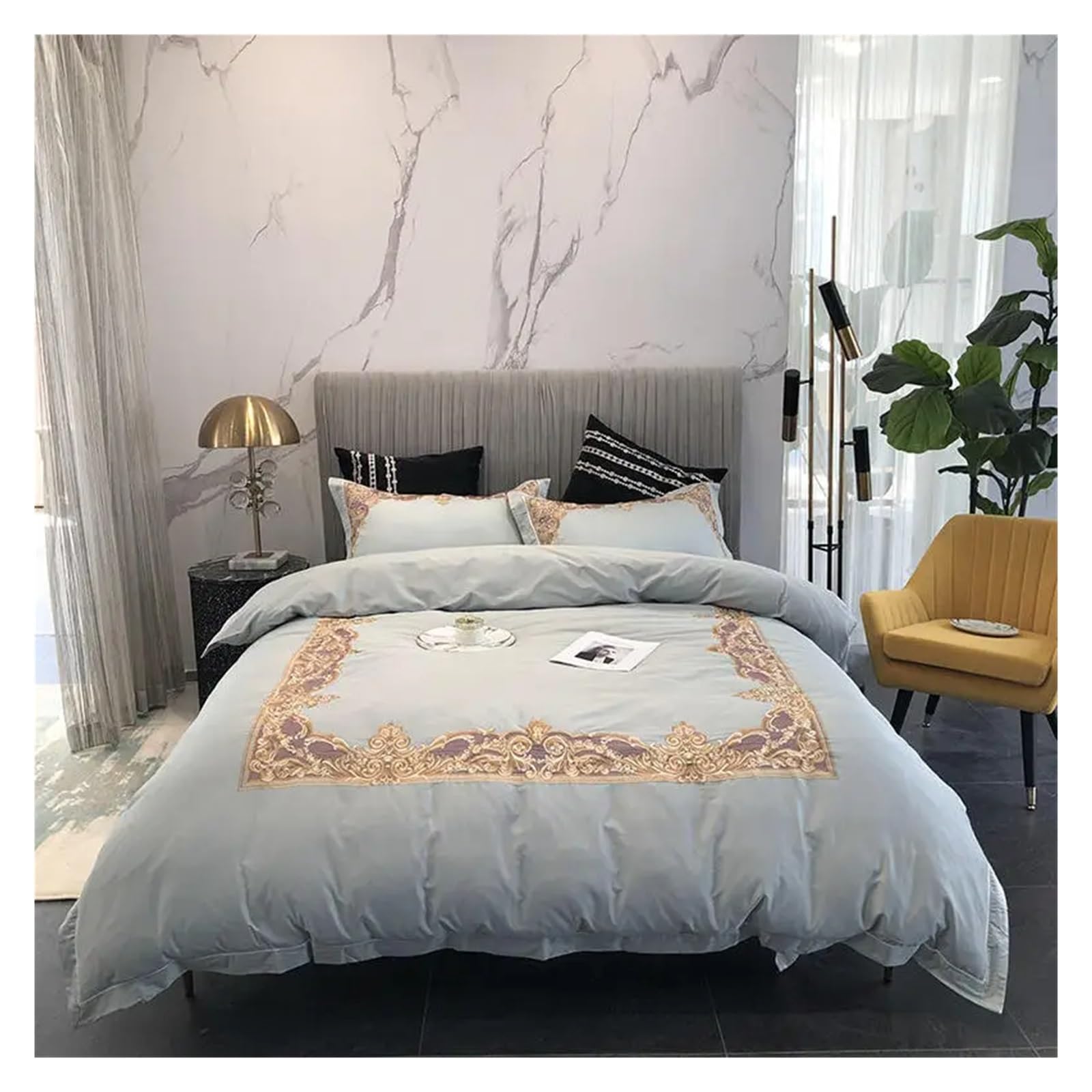 Sbcgfy Bianco Bed Four Pieces Set, Luxury Embroidery Bedlinen Black Bedding Set King Queen Size Bed Linen Egyptian Cotton Duvet Cover Bed Sheet Set Pillowcases,-King