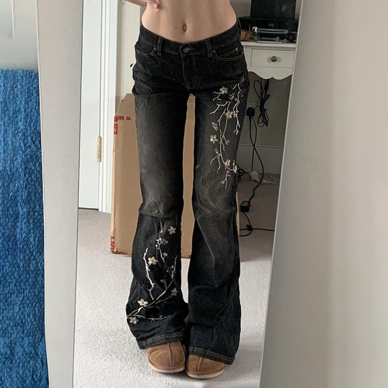 Women Bell Bottom Jeans Stretchy Flare Mid Rise Embroidery Vintage Denim Pants 90s Outfits Y2k Clothes - Image 2