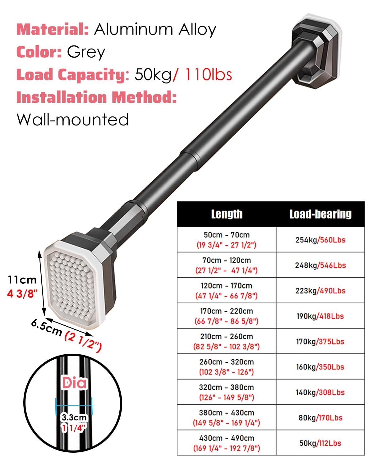 Tringle Penderie Tringle à Vêtements Ronde Télescopique - Sans Perçage, Support Extensible pour Organisateur de Vêtements de Buanderie, Tringle à Rideaux en Acier Inoxydable(Gray,70-120cm(27.6-47.2))