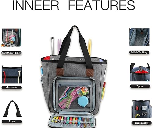 Miniatura 3 de Bolsa de ganchillo, organizador de almacenamiento de hilo sin enredos con 3 ojales, bolsa de proyectos de punto y organizador grande de suministros