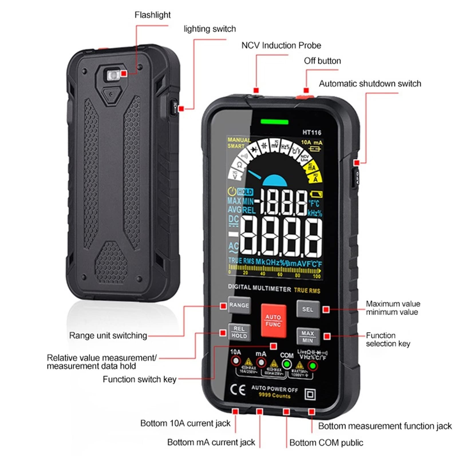 Multimètre numérique Intelligent Rechargeable Multimètre numérique Compteur de Courant Alternatif volmètre résistance testeur de fréquence de capacité Vraie Mesure de température RMS