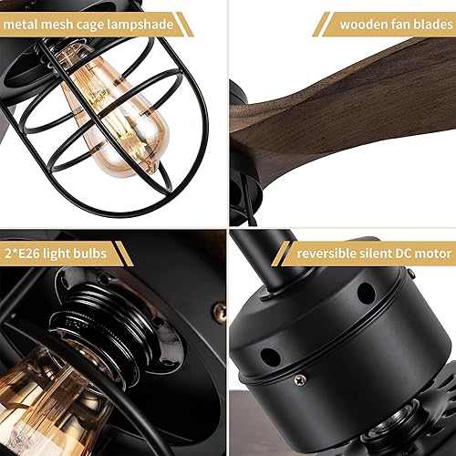 Miniatura 4 de WWM Ventilador de techo rústico de 52 pulgadas para exteriores con control remoto de luz, 3 aspas de madera, incluye bombillas, moderno ventilador