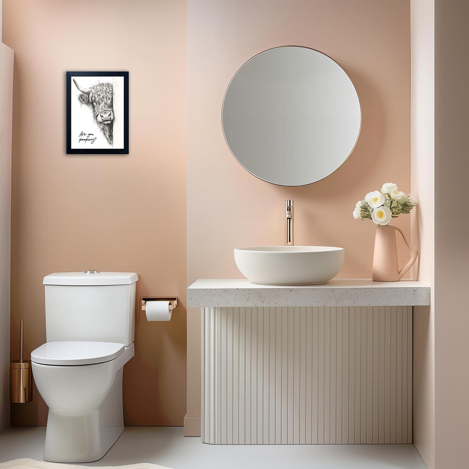 Funny Highland Cow Bathroom Wall Art - Rustic Farmhouse Wall Decor with Humorous Are You Pooping Canvas Print, Cute Animal Canvas Art for Restroom - Black Framed Cow Pictures Wall Decor Ready to Hang 11"x14"