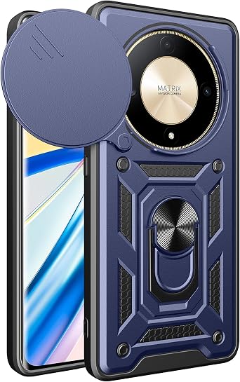 Phone Case for Honor Magic 6 Lite with Ring Holder Kickstand Black, Camera Lens Protector Slide Cover for Honor Magic 6 Lite Case Shockproof Shield Heavy Duty Cool Blue