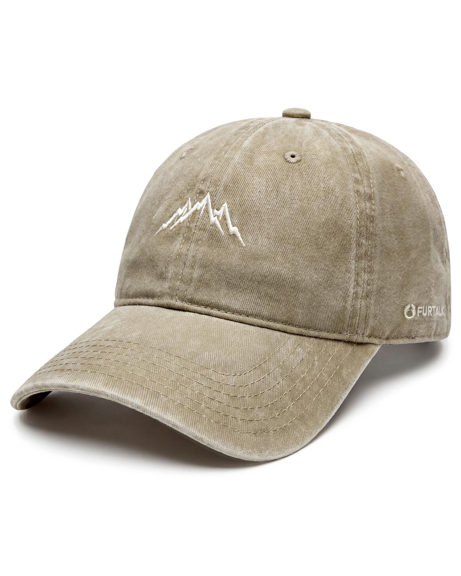 FURTALK Mountain Embroidery Baseball Cap Washed Denim-Style Dad Hat Distressed Unisex Golf Hat, Khaki