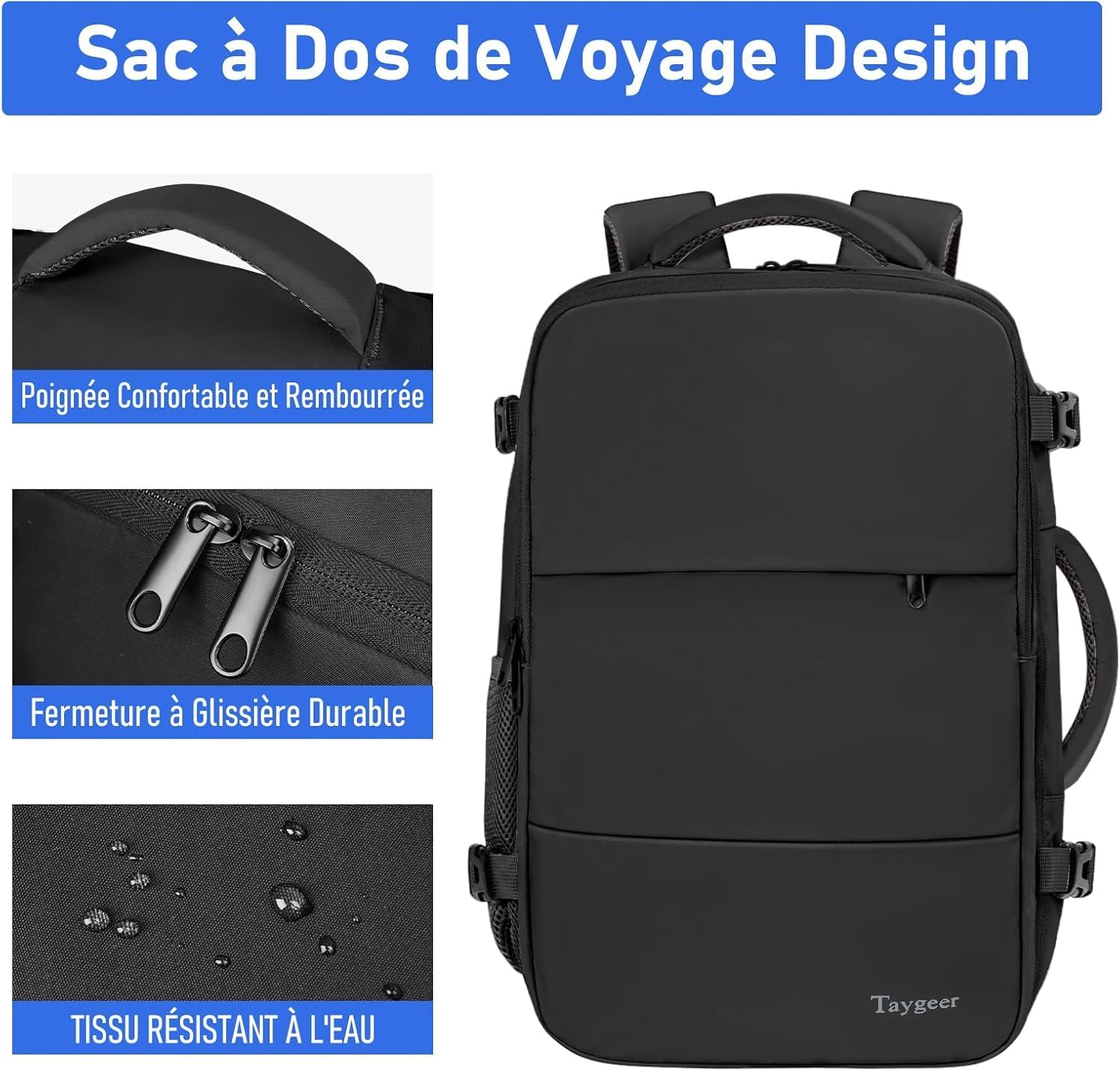 Taygeer Bagage Cabine 40x30x20 Ryanair, Sac a Dos Voyage Cabine Avion 40x30x20 Comme Cadeau Voyage, Imperméable Valise Cabine Bagage à Main, avec Sac à Chaussures, Homme Femme, Campus, Noir