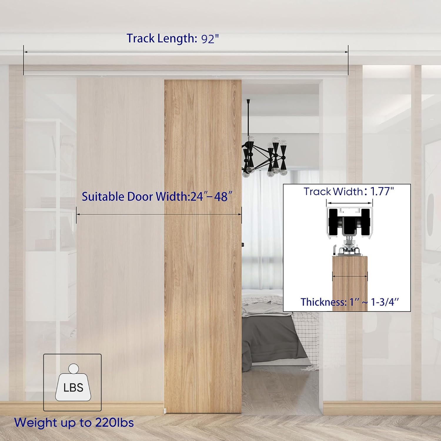 Diagram showing track length, suitable door width, and thickness