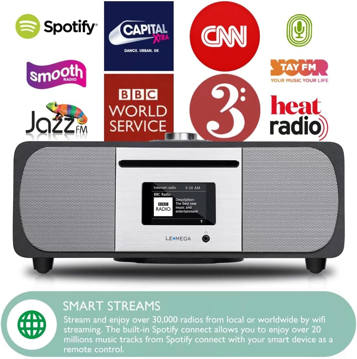 LEMEGA M5P Internet Radio with CD Player for Home, WiFi Radio, FM Digital Radio, Bluetooth Speaker, Spotify Connect,35W Home Stereo System,USB Player,Dual Alarms Clock with OKTIV APP Control- Black image 4 of 7 B0D59XP1R1