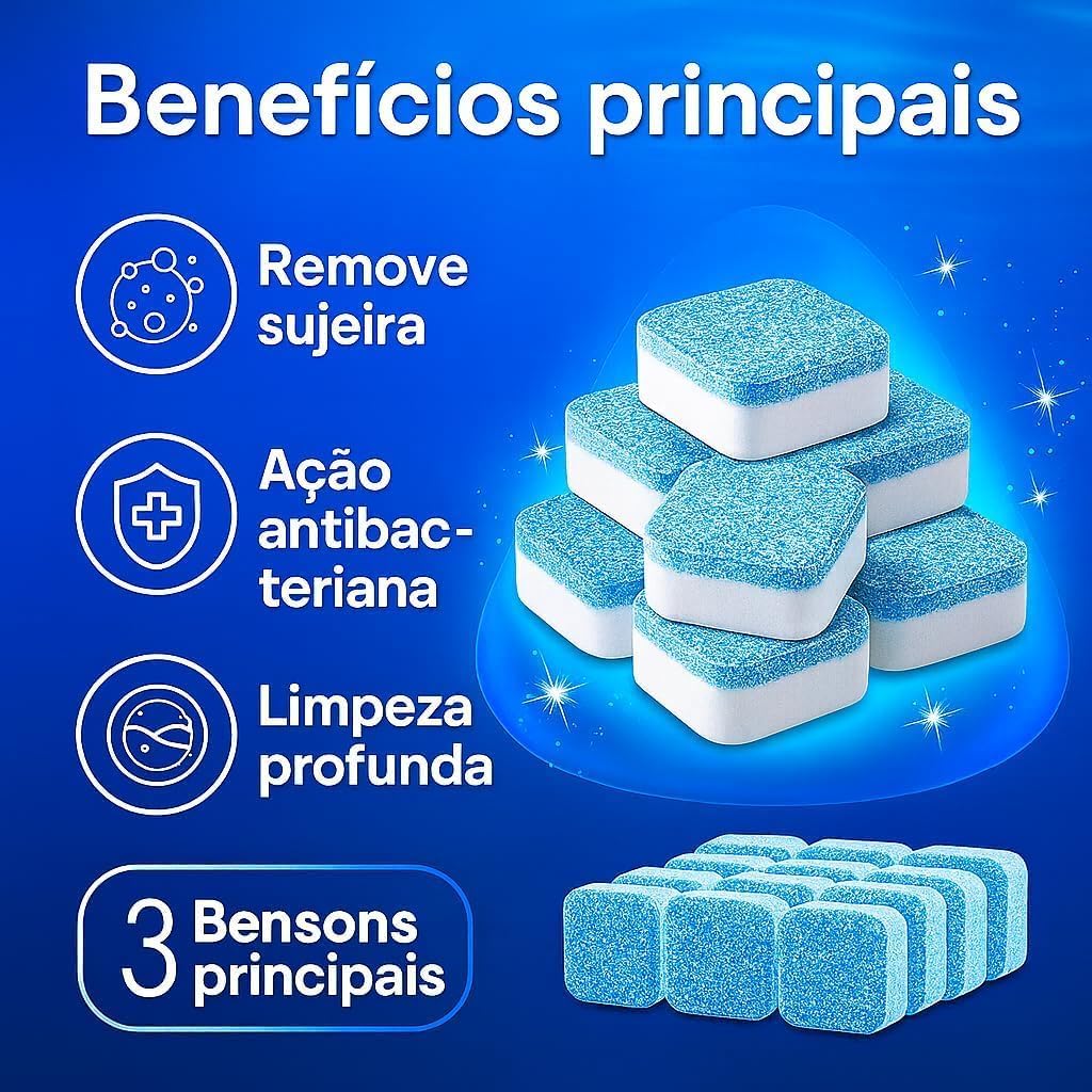 Kit 10 Tabletes de Limpeza para Máquina de Lavar – Limpador Efervescente Potente contra Manchas e Odor