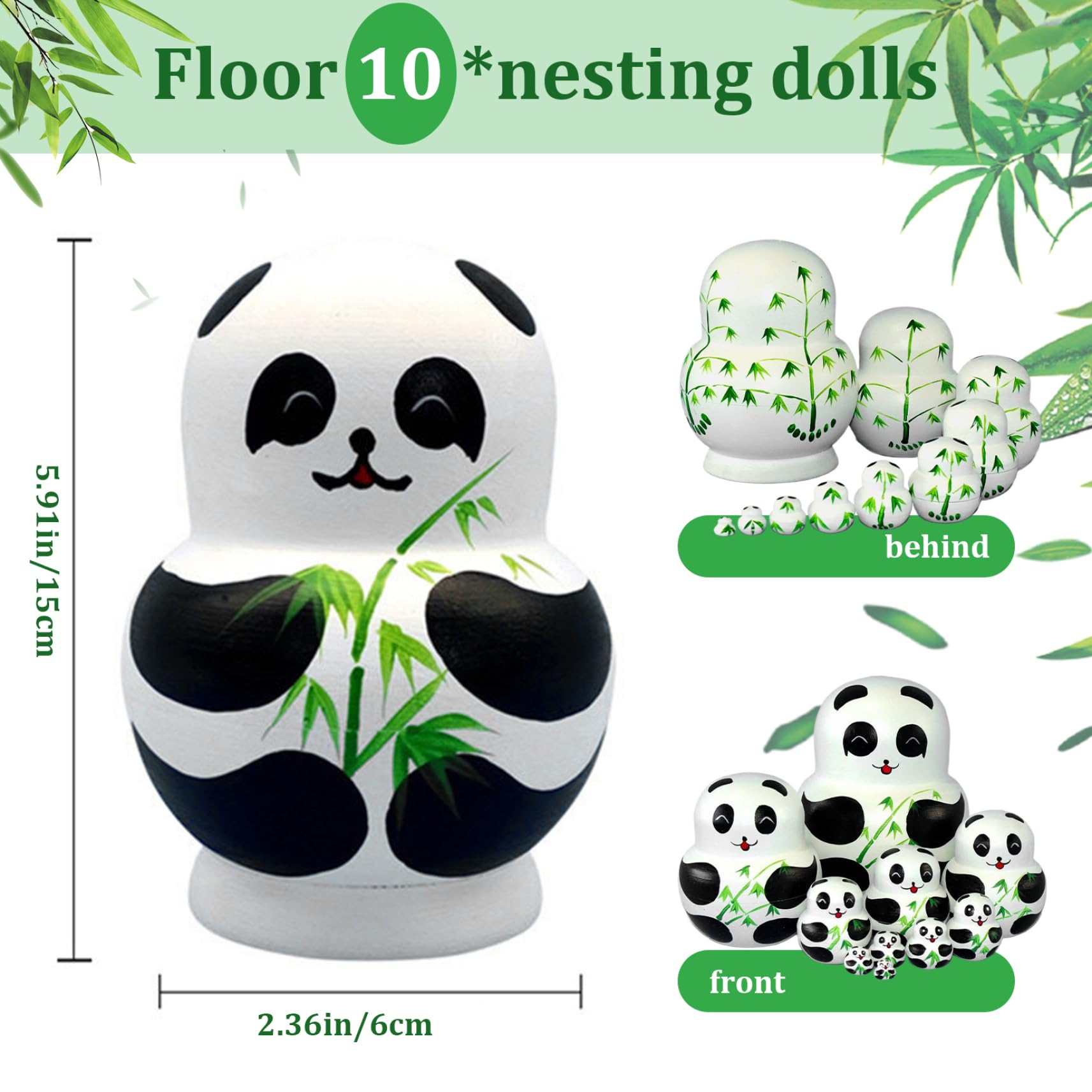 10 pièces poupées gigognes, poupée Matryoshka Design Panda Dessin animé Mignon avec Motif de Bambou poupées gigognes Russes en Bois pour Les Enfants