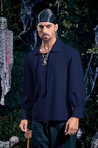 Vista 2 de Camisa de pirata medieval para hombre, vikingo, renacentista, con cordones, mercenario, Halloween, jacobita escocés, ghillie