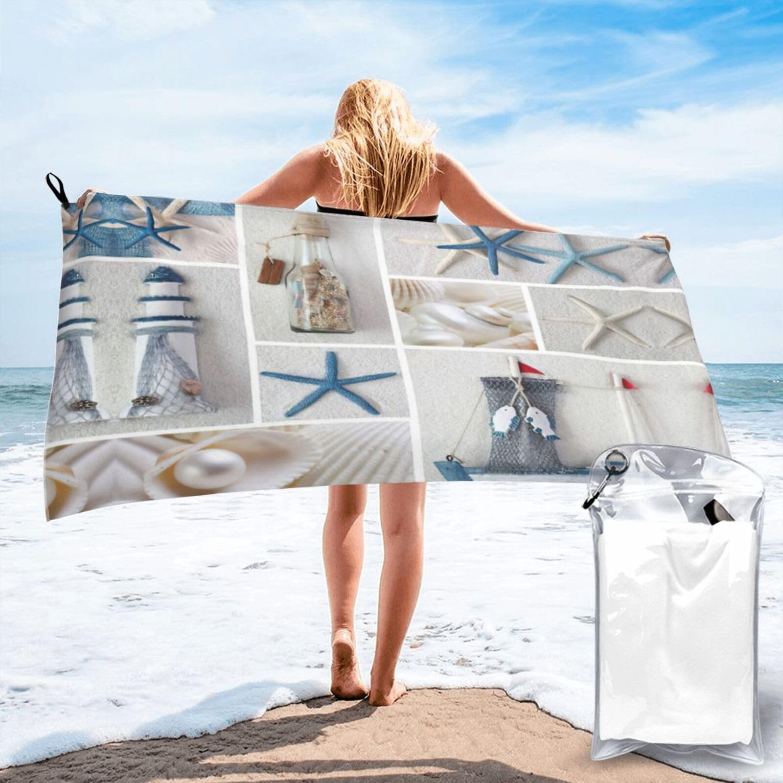 WYCZHY Bottle Seashell Starfish Lighthouse Print Beach Towel Soft Quick Dry For Spa Pool Gym Vacation Travelers Women Men Adults Sauna Gift