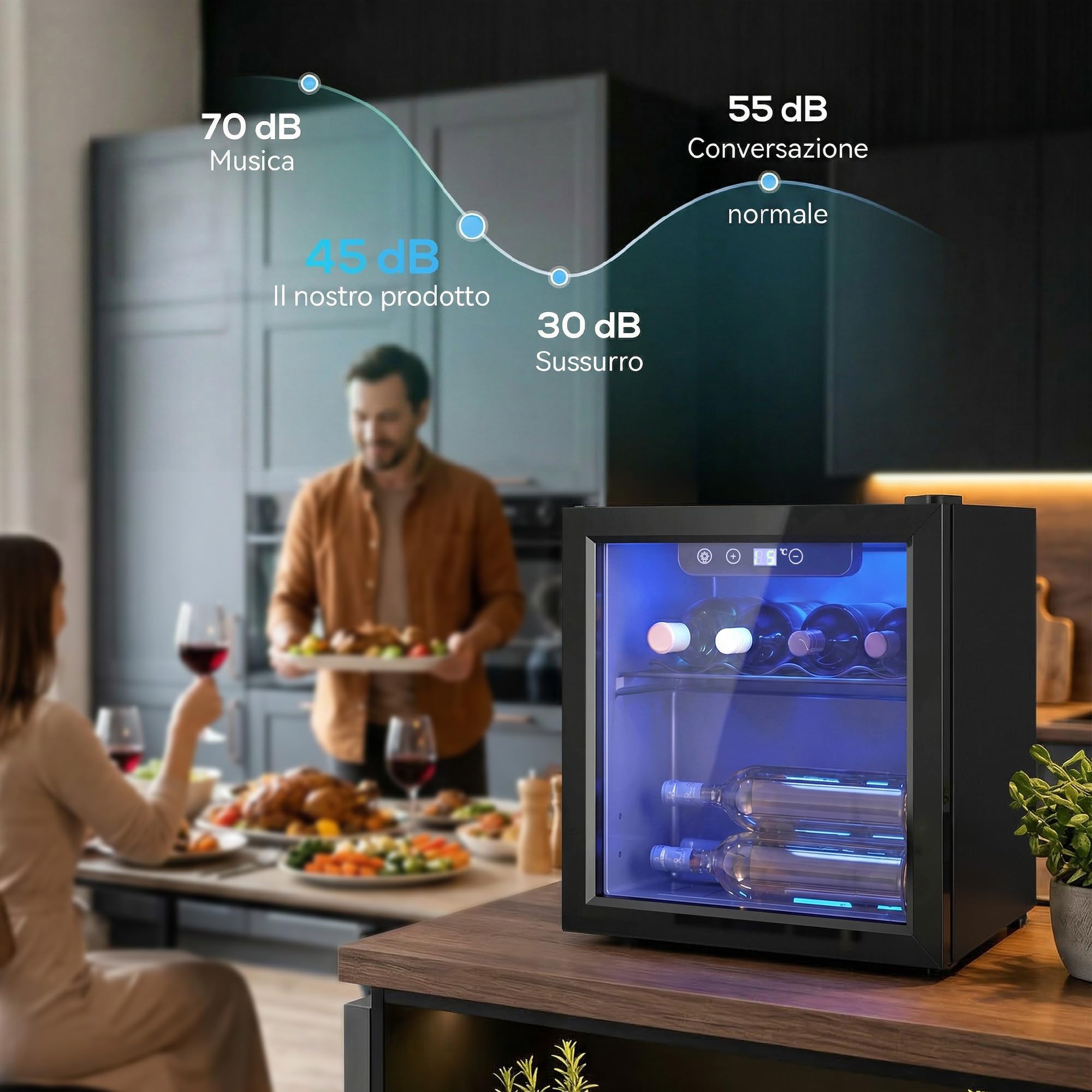 HOMCOM Cantinetta Vino Refrigerata 12 Bottiglie 36L con Temperatura Regolabile 4-16°C, Frigorifero per Vino con Vetro Anti-UV, Compressore, Ripiani, Display Touch, Luci LED, Classe G, Nera