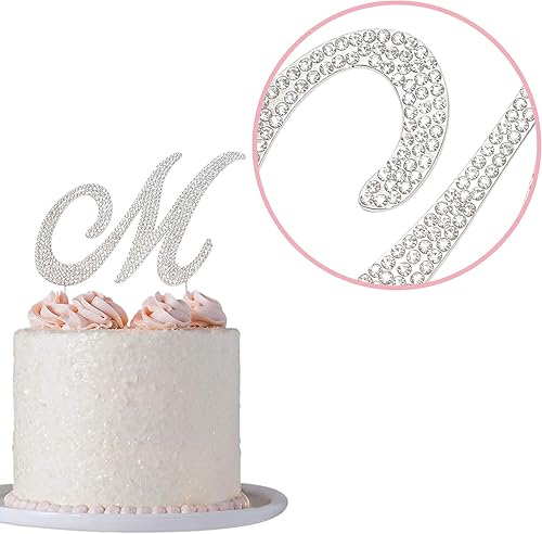 Miniatura 7 de Decoración para tartas de letra M, metal plateado de alta calidad, monograma M para boda o aniversario, decoración inicial de diamantes de imitación