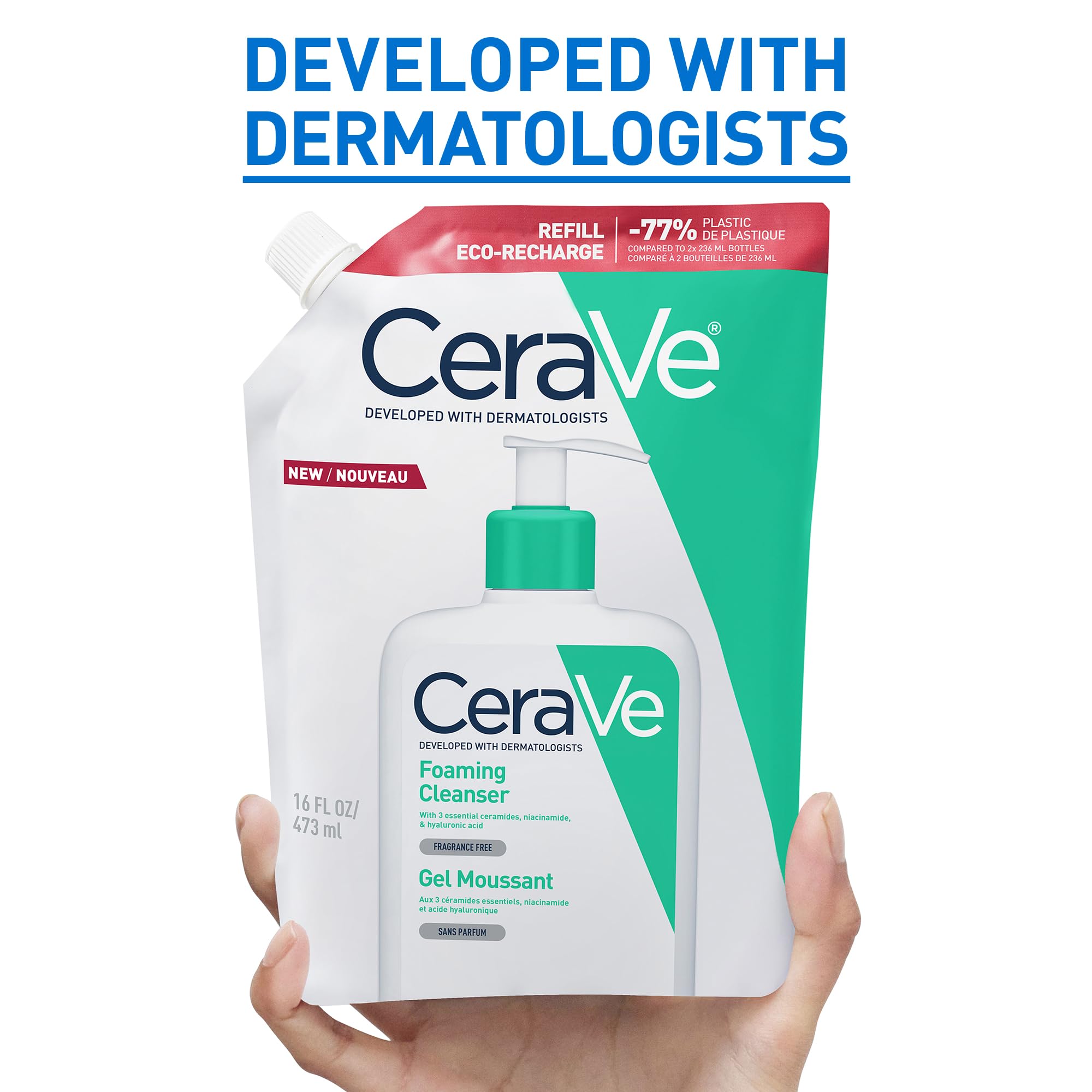 CeraVe Schiuma Detergente, Per Pelli da Normali a Grasse, Adatto a Viso e Corpo, Con Ceramidi Essenziali, Niacinamide e Acido Ialuronico, Confezione Refill, 473 ml
