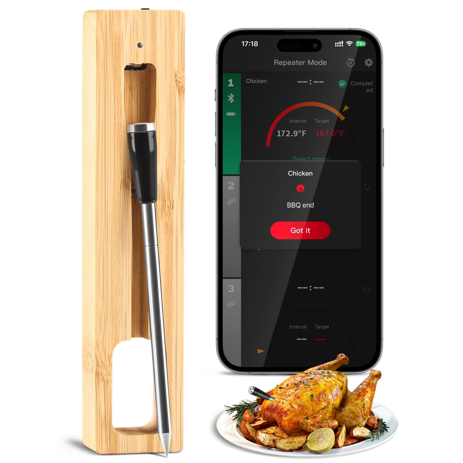 FWOOPS Smart Wireless Meat Thermometer with Probe, App Connected Digital BBQ Thermometer, Waterproof Probe, Long Range Real-Time Monitoring for Grill, Oven, Smo