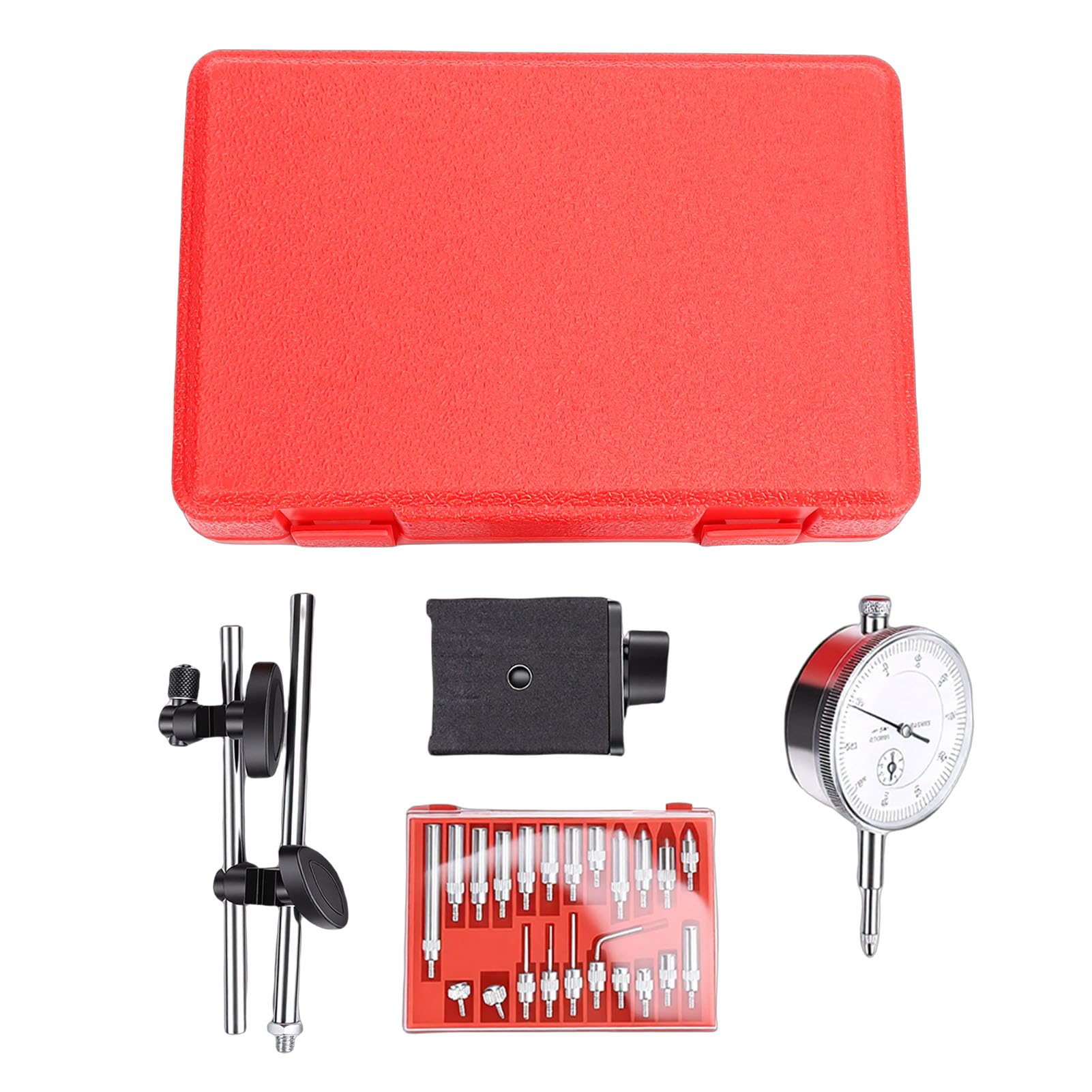 Ausla Set Comparatori a Quadrante, Comparatore per Test a Quadrante in Acciaio Legato con Base Magnetica, Gamma 0-10 Mm, Risoluzione 0,01 Mm, Braccio Regolabile e 22 Accessori per la Produzione di