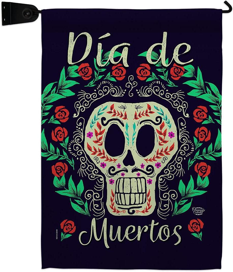 Dia de Muertos Skeleton Garden Flag Set Wall Holder Falltime Day of Dead Los Fiesta Mexican Party Autumntime Small Decorative Gift Yard House Banner Made In USA 13 X 18.5