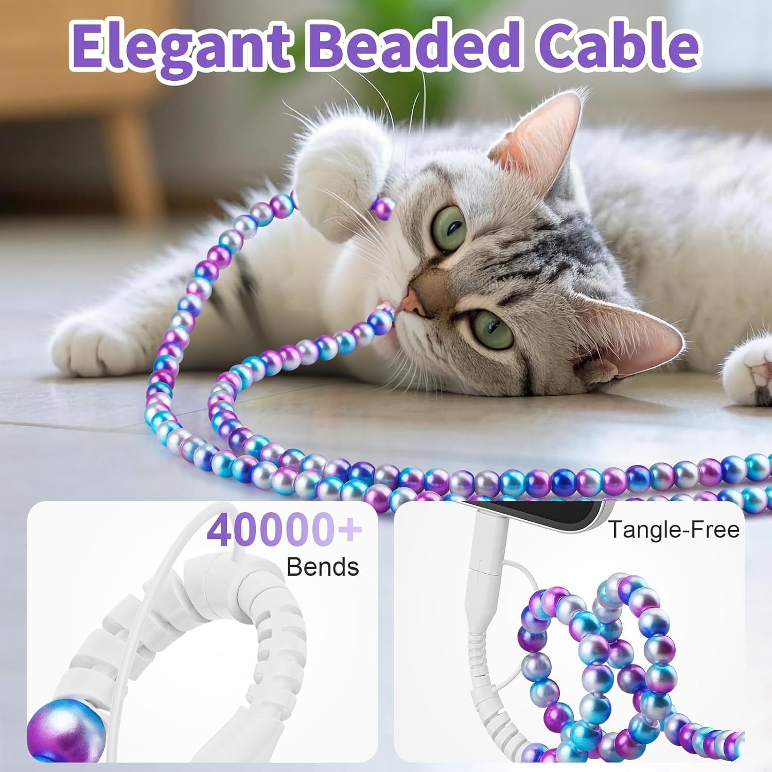 VOFUOE USB C Cable for iPhone 17 Charging Cord [MFi Certified] Gradient Pearl Beads 4 in 1 Multi Charging Cable 3.3FT Girls Fast Charging for iPhone 16 for Galaxy S25 & Most Devices-Purple Blue - Image 3