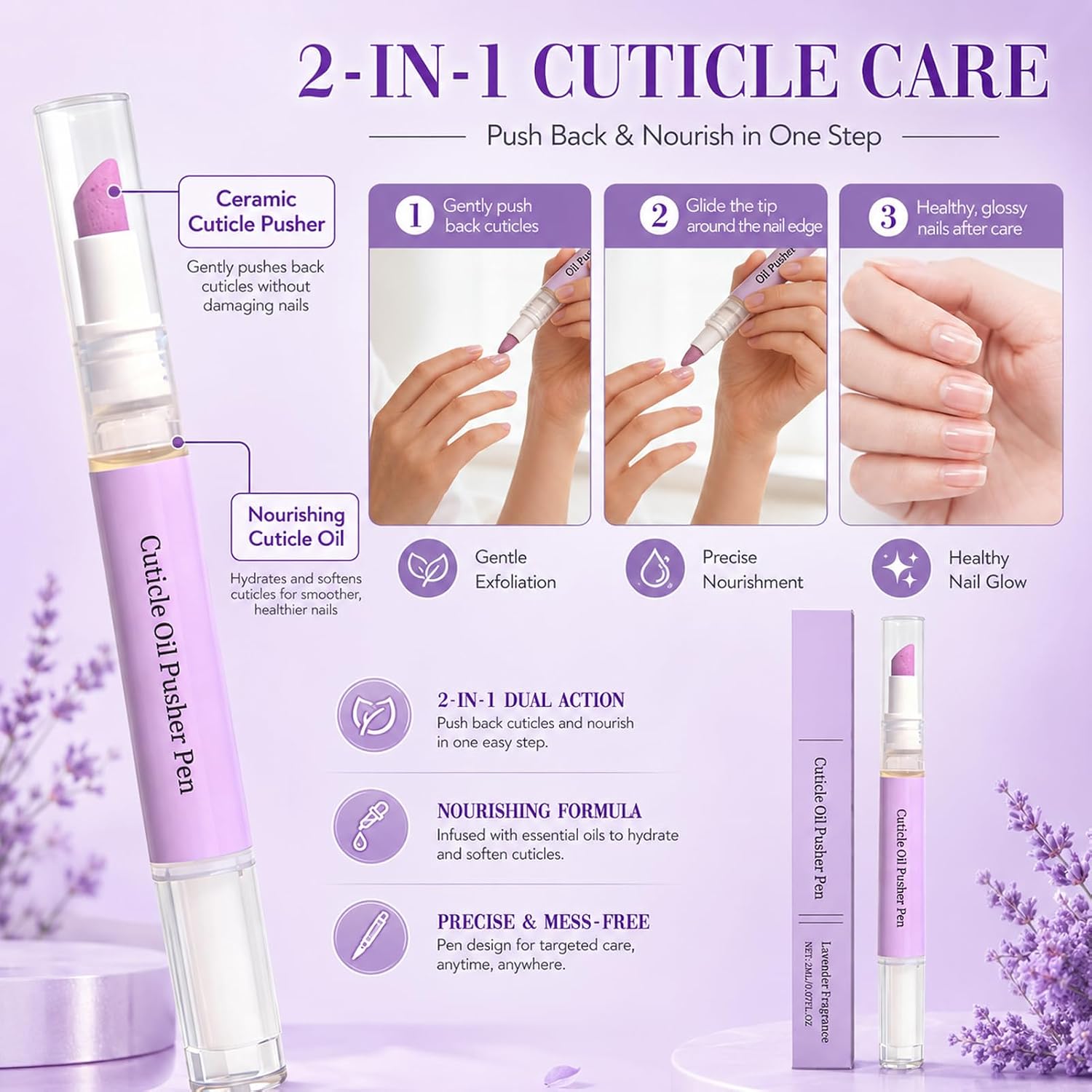2 In 1 Cuticle Oil Pusher Pen,Cuticle Cleaner Pen,Cuticle Remover Pen,Dry Cuticle Pen,Enhance Nail Shine,Cuticle Remover Pen,Ceramic Cuticle Oil Pusher Pen,Portable Nail Care Tool(2 Pack)