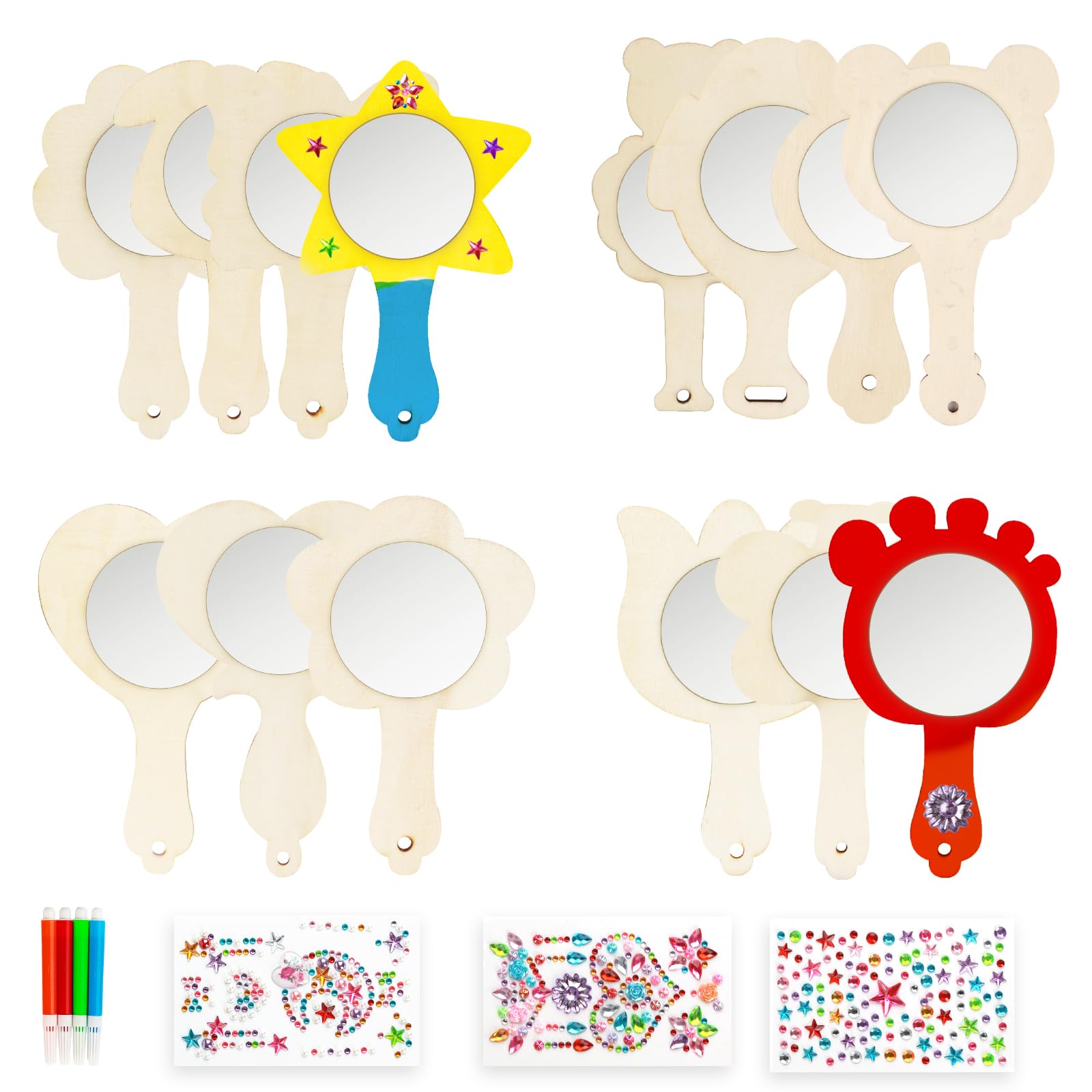 14Pcs Wooden Princess Mirror Craft Kit, Creative Toy Unfinished Mini Mirror