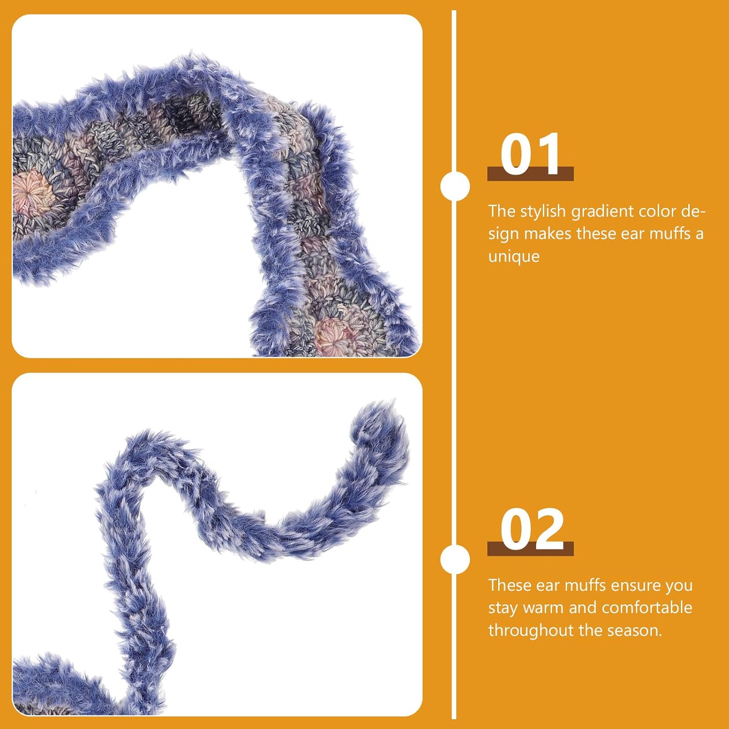 VILLCASE Adjustable Gradient Blue Knit Ear Muffs with Soft Polyester Furry Trim Winter Ear Warmers for Men Women Cold Weather Protection
