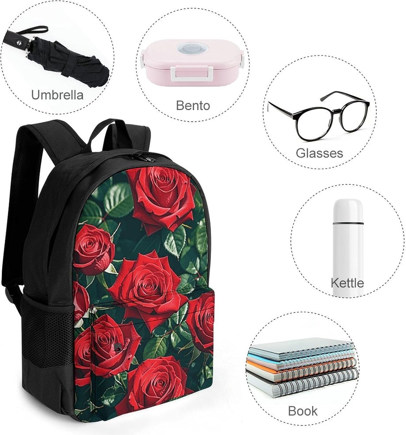 Portable Red Rose Backpack with Front & Side Pockets image 4