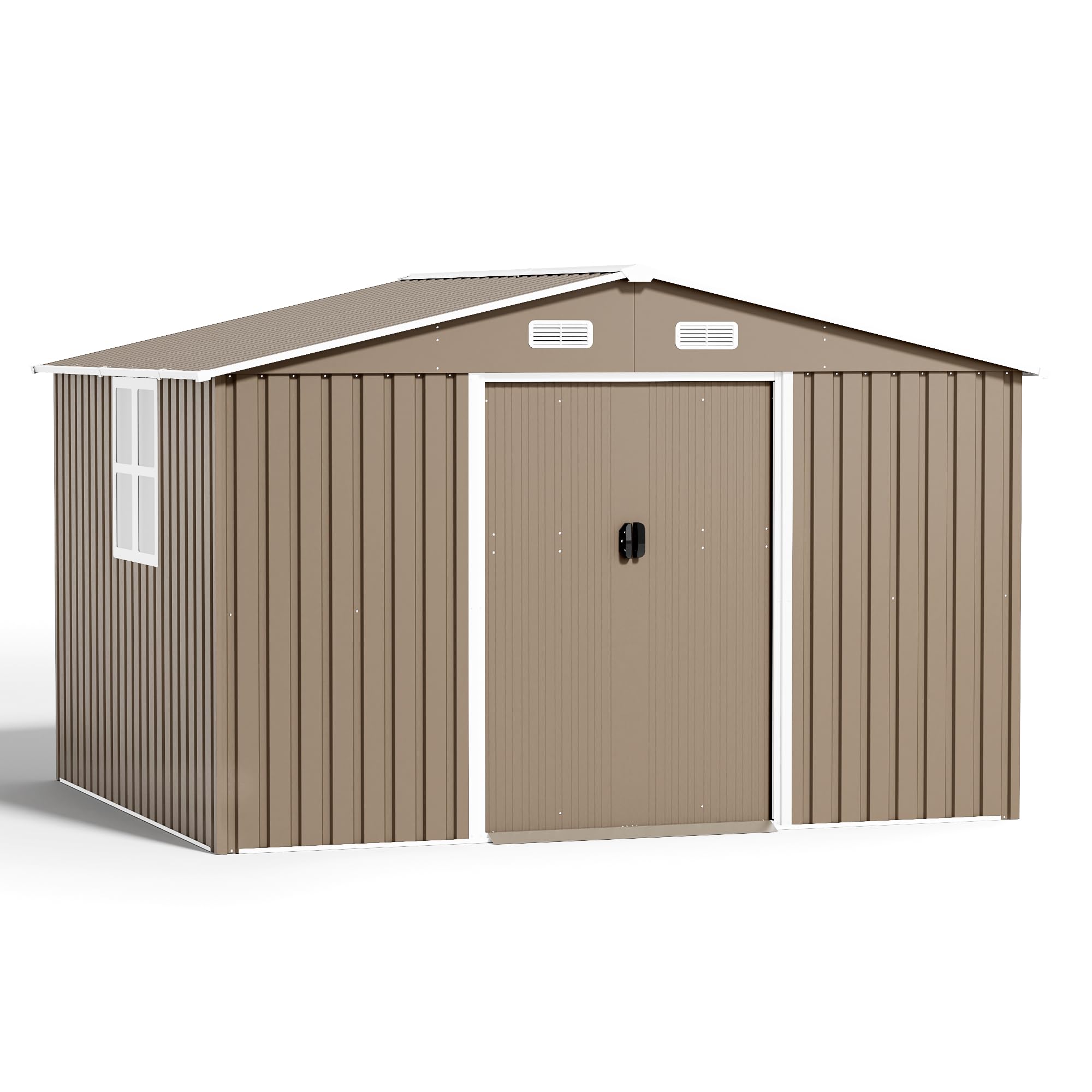 Kurapika 10×8 FT Outdoor Storage Shed Large Metal Tool Shed with Floor, Window and Lockable Door, for Garden, Patio, Backyard, Lawn(Brown)