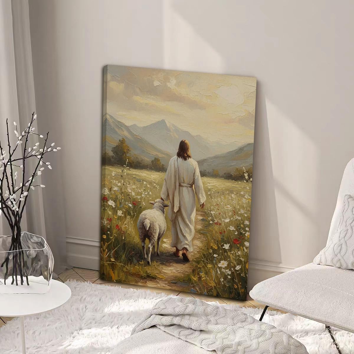 Jesus Leaves The 99 Sheep Canvas Wall Art Christian Posters Prints Jesus And Lamb Painting Spring Flowers Pictures The Lost Sheep Wall Decor Picture For Living Room Bedroom Church Prayer Home Decor 16x24 (Stretched Canvas On A Wooden Frame)