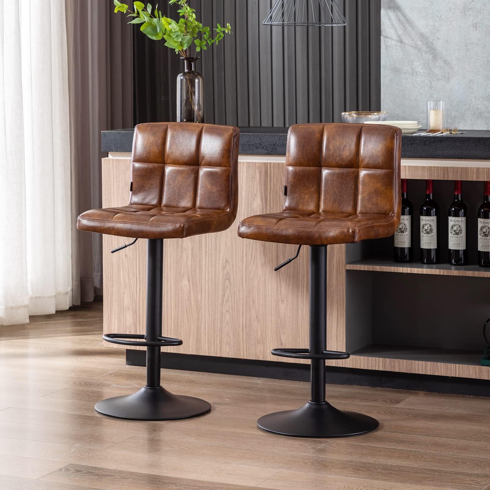 DUHOME Faux Leather Bar Stools Set of 2, Armless Kitchen Stool Chairs with Backrest Footrest Swivel Bar Chairs Adjustable Height for Kitchen Counter Bar Cafe Yellowish Brown