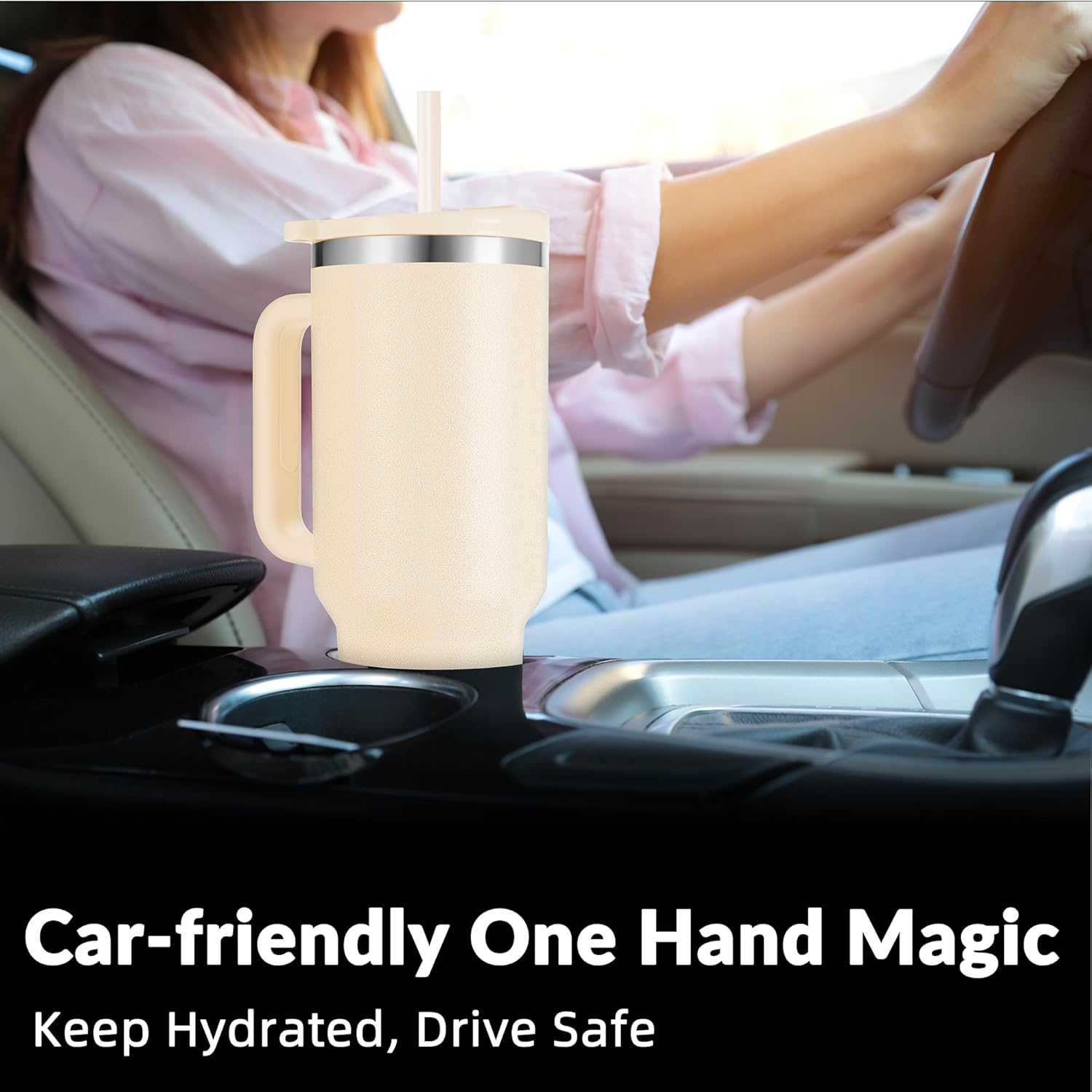 WETOWETO 40oz Tumbler with Handle | Insulated Stainless Steel Travel Mug | 34Hrs Cold & 10Hrs Hot Retention | 100% Leakproof Lid & Straw | Dishwasher Safe + Car Cup Holder Fit (Cream Color) - Image 5