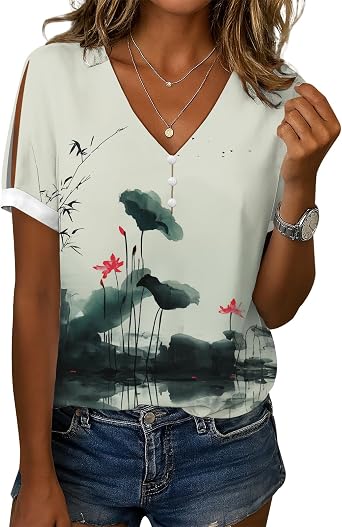 Womens Japanese Art Print Shirt Lotus Flower Novelty Graphic Short Sleeve Blouse Button Up V Neck Cold Shoulder Tops Summer Loose Tunic Art T-Shirt Dressy Casual Tees S