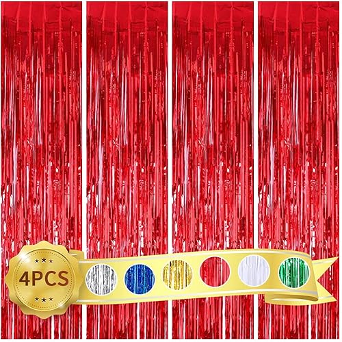 BEISHIDA Paquete de 4 cortinas de flecos de oropel metálico rojo para fiesta de cumpleaños telón de fondo de fotos decoración de eventos de boda